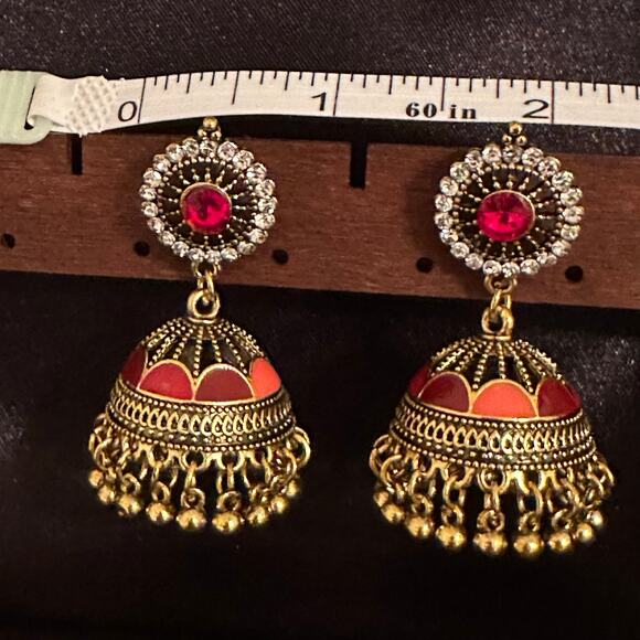 Bollywood Desi Boho Jhumka Antique Gold Tone w/Red Accent Earrings - Picture 5 of 5